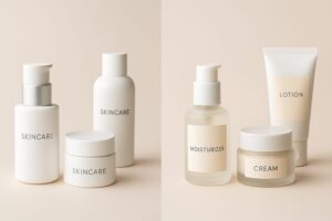 ตัวอย่างบรรจุภัณฑ์เครื่องสำอางแบบสกรีนโลโก้เทียบกับแบบติดสติกเกอร์ วางคู่กันบนพื้นหลังโทนพาสเทล สไตล์แพคเกจจิ้งเกาหลี