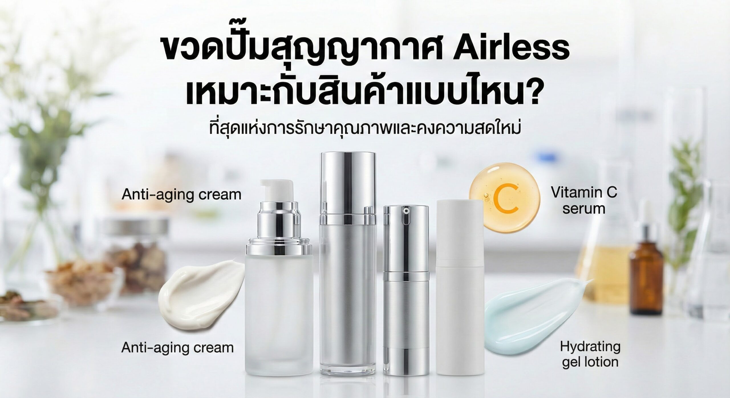 ขวดปั๊มสุญญากาศ Airless สำหรับบรรจุภัณฑ์เครื่องสำอาง เหมาะกับเซรั่มวิตามิน C ครีม Anti-aging และเจลบำรุงผิว